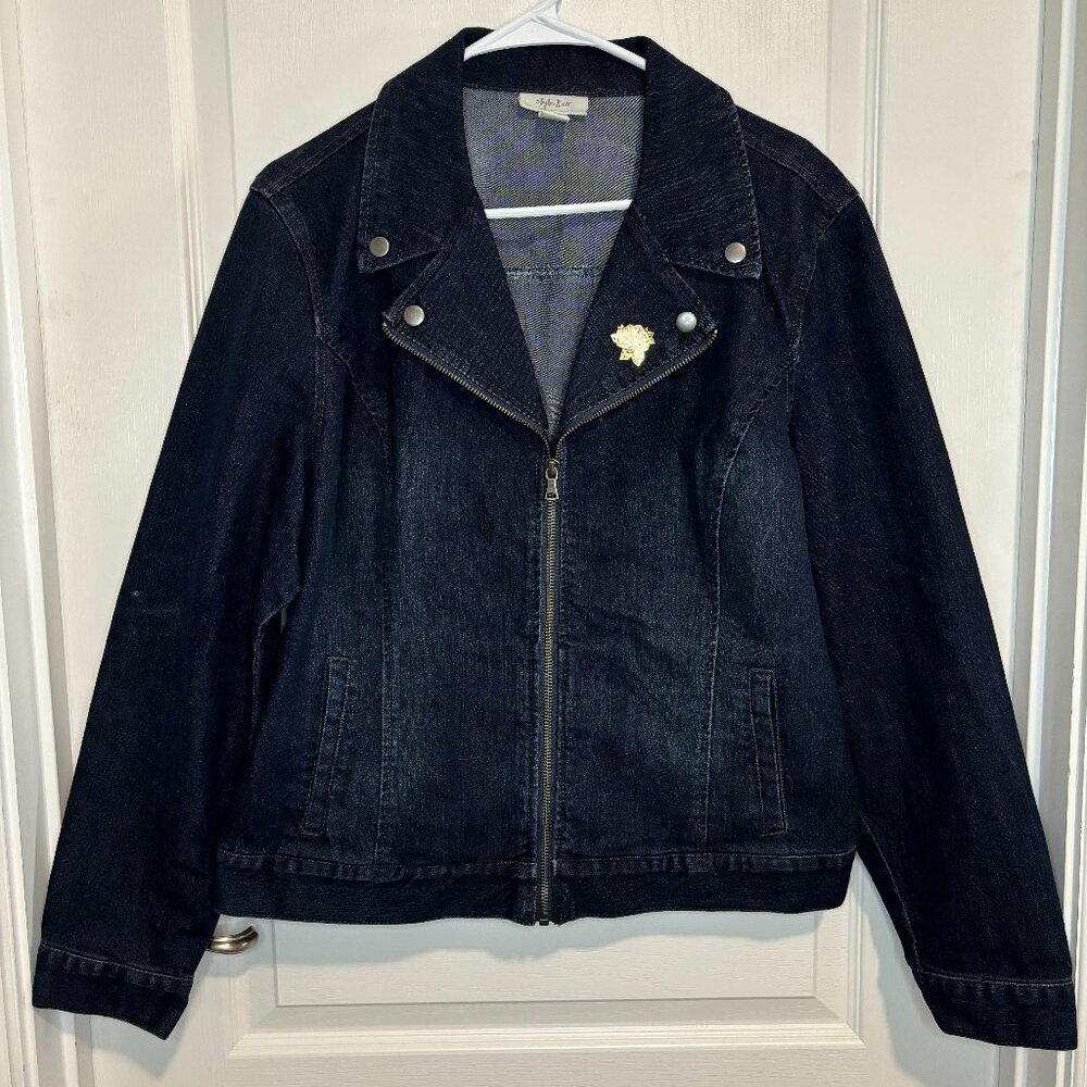 Style & Co Women's Dark Denim Full Zip Snap Collar Jean Jacket, Size Large